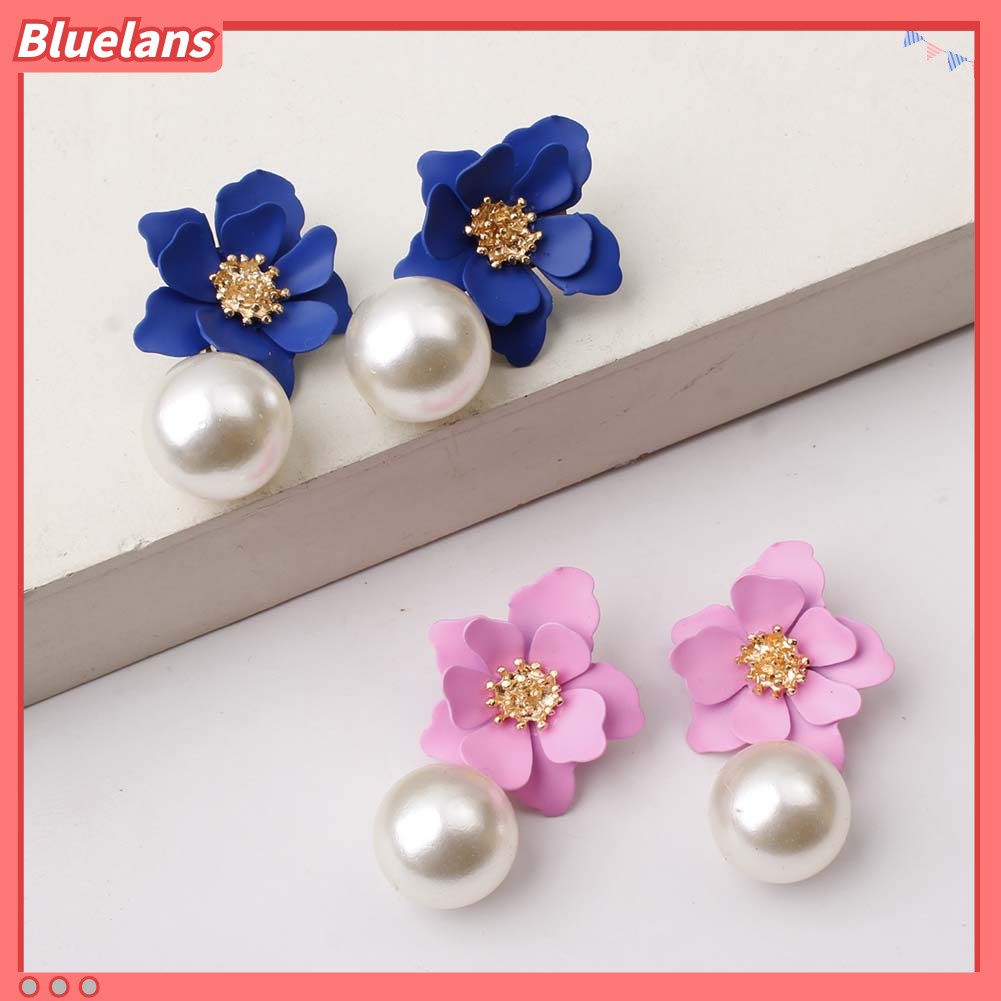 Bluelans Anting Tusuk Gantung Wanita Desain Bunga Resin Hias Mutiara Imitasi Untuk Musim Panas