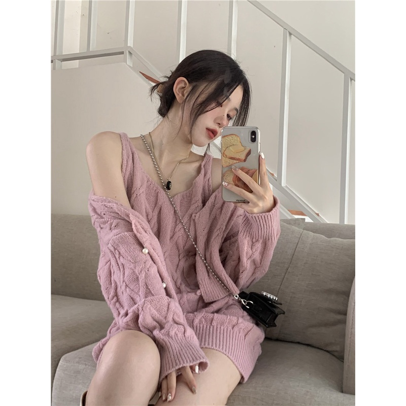 pink belah ketupat rajutan rompi gaun wanita rasa v-neck pinggang pelangsing rok pinggul