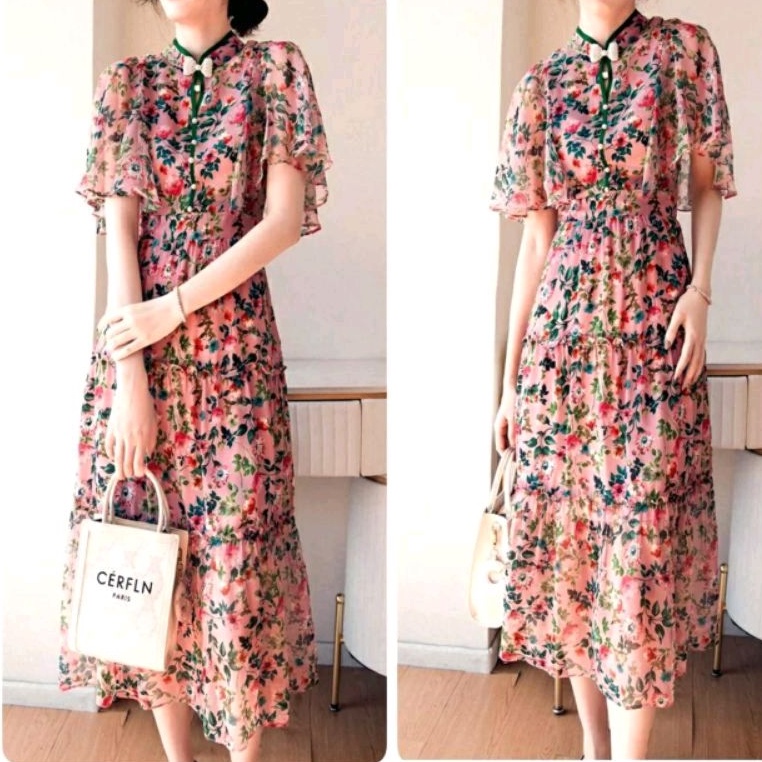 12346 Baju Mididress Midi dress gaun pesta kerah Shanghai motif bunga pink Imlek Korean style wanita