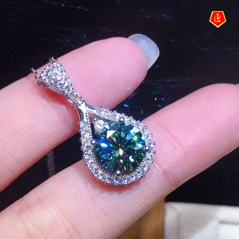 [Ready Stock]Blue Green Moissanite Pendant Necklace Elegant Fashion