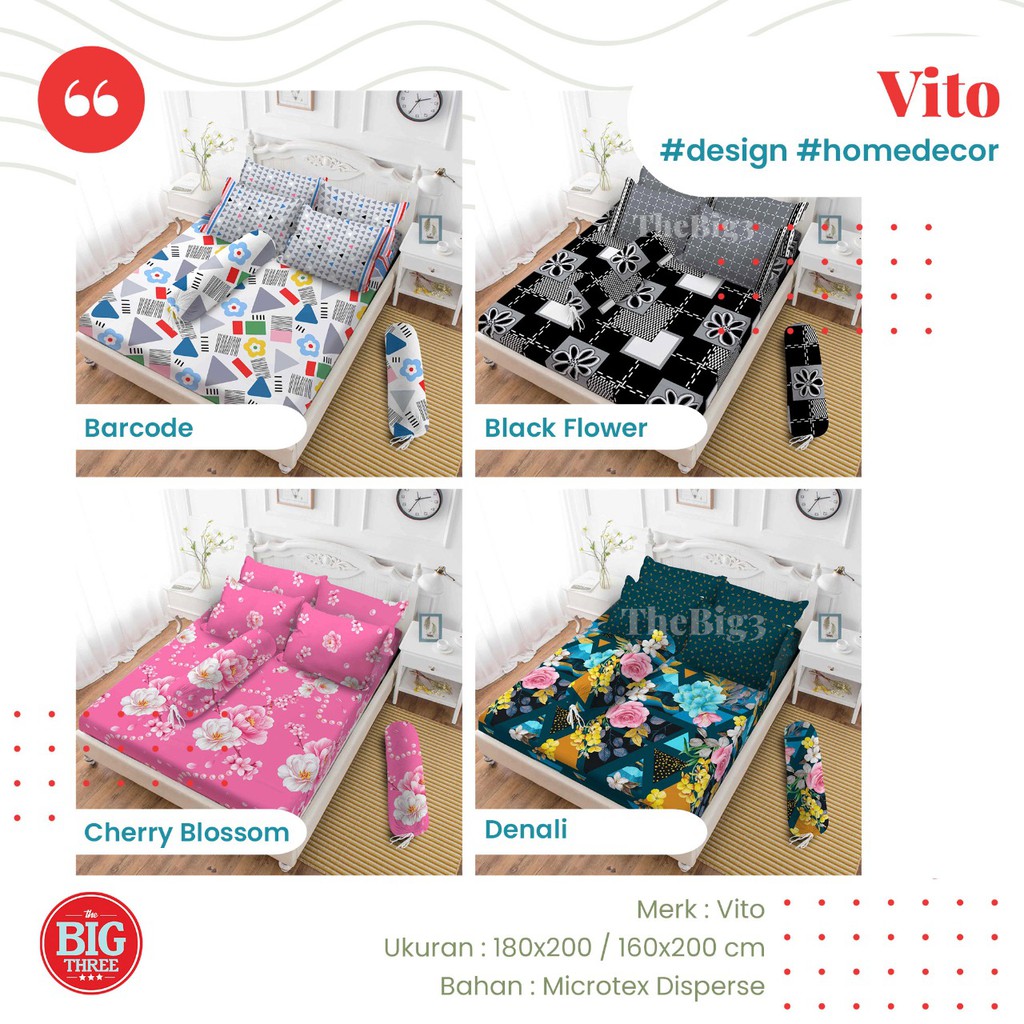 VITO Sprei 180x200 / 160x200 motif Ambarwati Barcode Black Flower Calla Modelista Oakwood Sunset Sonata Kenzo Kimberly Phantom Puzzle Denali BTS Vermillion  - King 180 SP