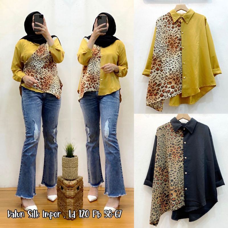 KEMEJA FASHION KOMBINASI POLOS LEOPARD KOREAN STYLE ATASAN WANITA JUMBO BIG SIZE FASHION TERBARU IMP