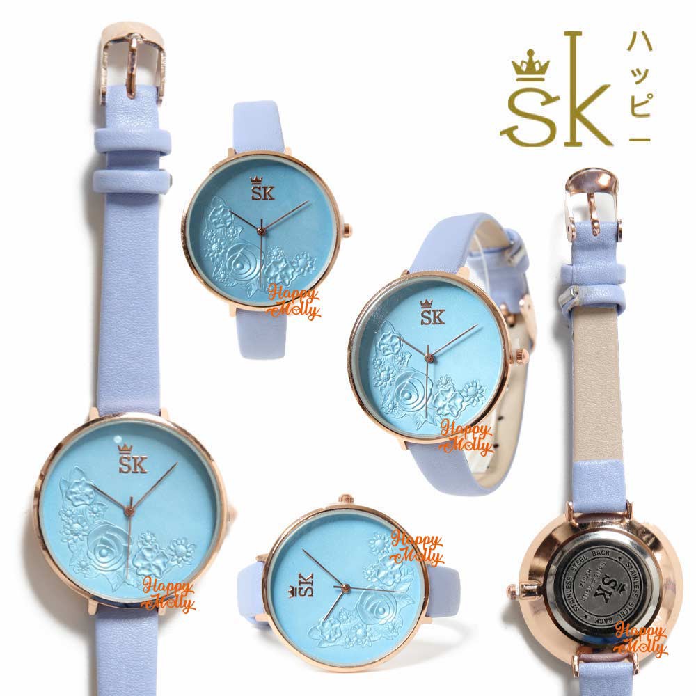 SK Mawar 3D [ Biru ] Jam Tangan Water Resistant Wanita Fashion Strap Leather - SK_814
