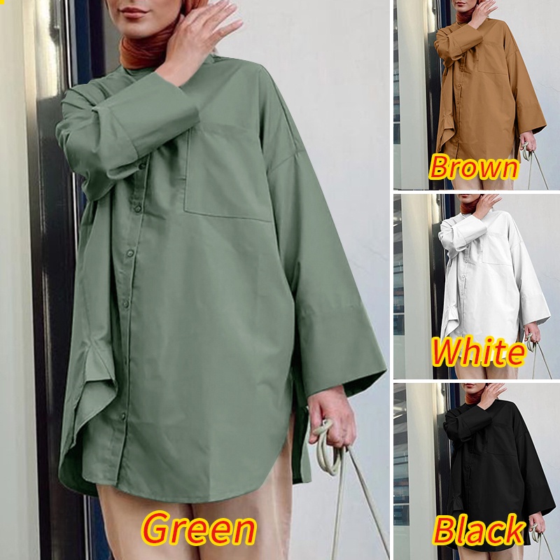 ZANZEA Women Daily Casual Solid Color Turn-Down-Collar Full Sleeve Loose Muslim Blouse