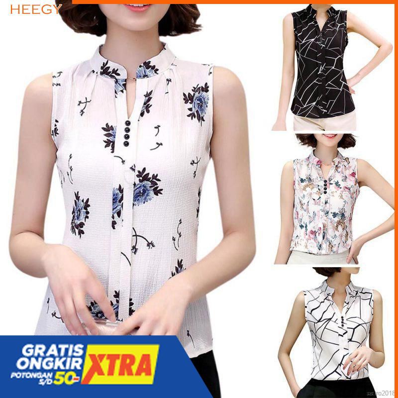 Blouse Tanpa Lengan Motif Print, Bahan Sifon, Warna Putih Gaya Wanita Korea