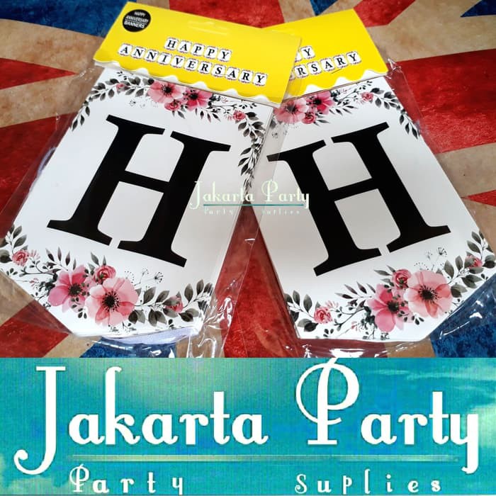 Banner Happy Anniversary Motif Bunga / Bunting Flag / Party Flag