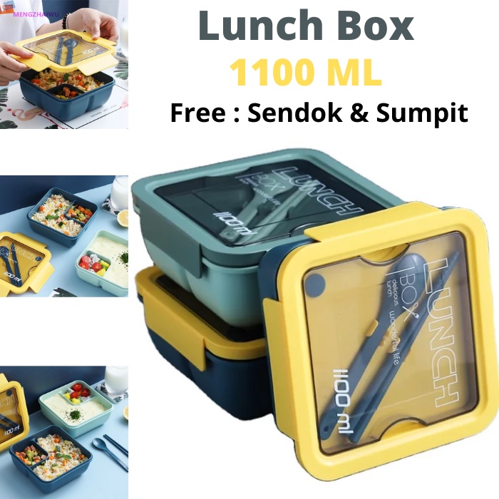 Lunch Box Kotak Bekal Kotak Makan Ompreng Tempat Makan Set Free Sendok Sumpit 1100 ML BPA FREE 0228