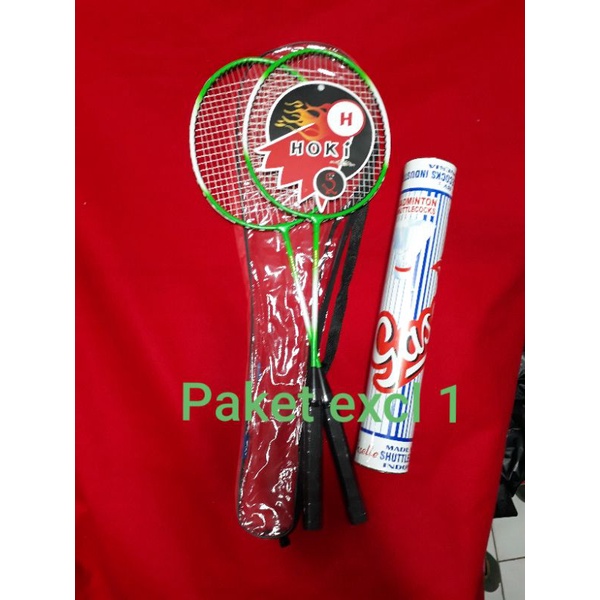 Paket raket badminton pasangan raket isi 2 + kock 1 slop