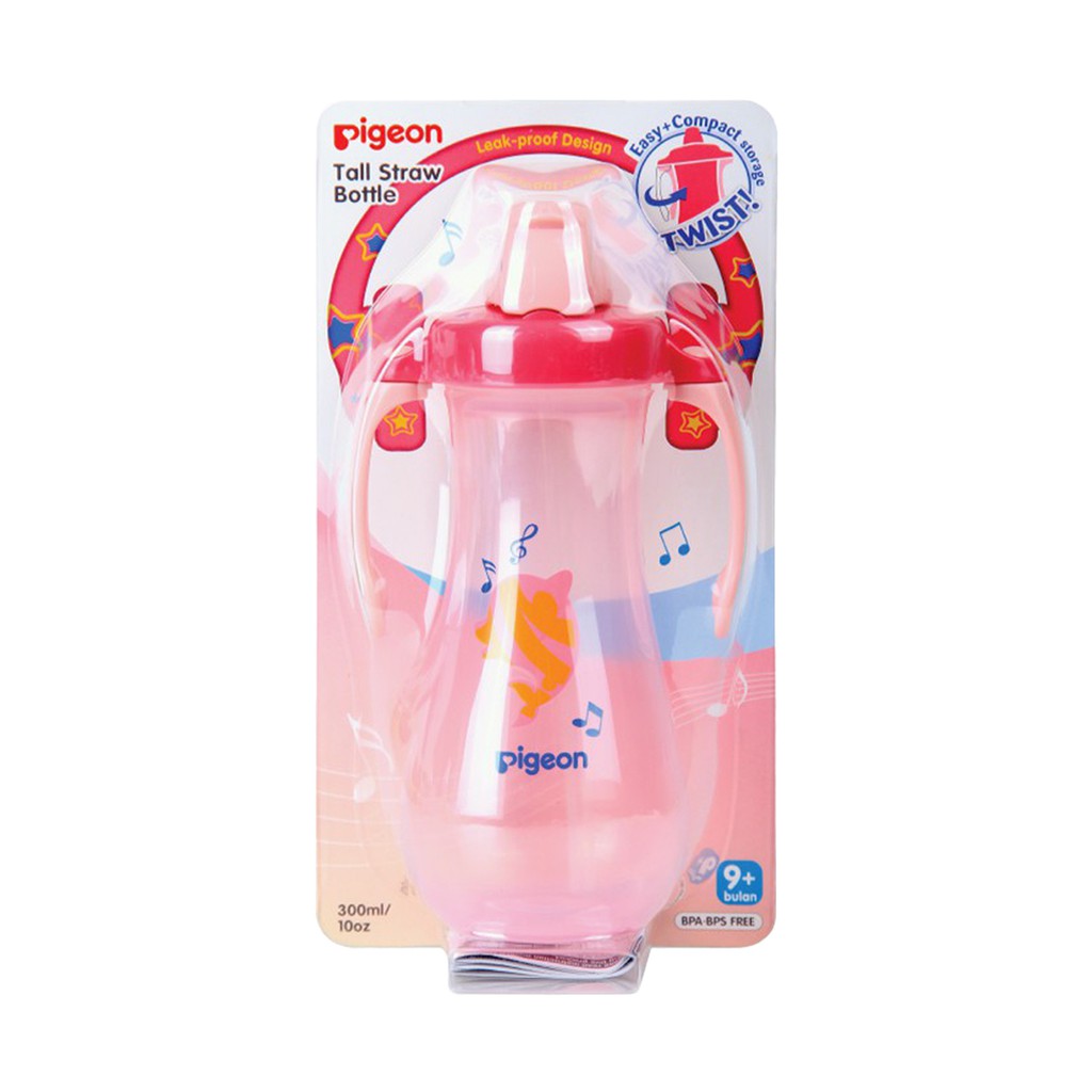 Pigeon Tall Straw Bottle Botol Minum Sedotan Bayi 9+ Bulan Pink Merah Muda 300ml