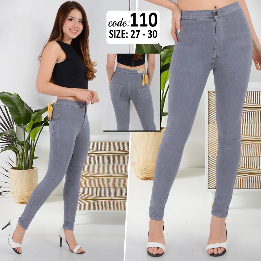 NHM HW Jeans Gray Keziya, Celana Highwaist Jeans Bahan Tebal