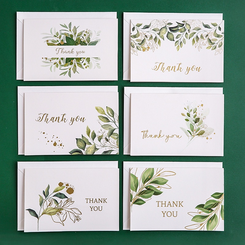 6 Pcs INS Bronzing THANK YOU Greeting Cards with Envelopes Green Leaves Message Cards