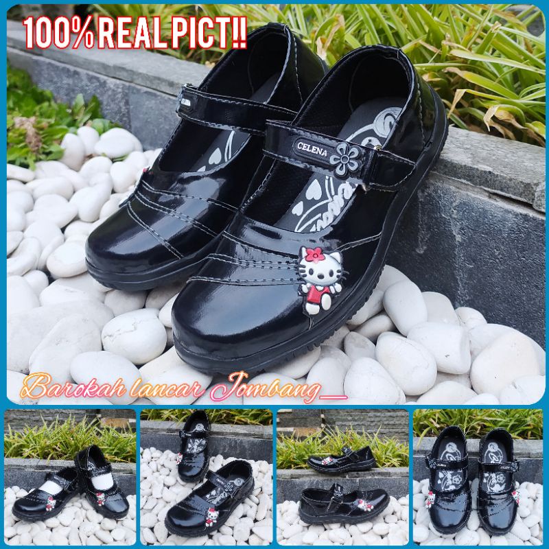 Sepatu anak TK SPORTY / Celena F09/10 Sepatu Pantofel Anak Hello Kitty Kilap Size 26-35 Hitam