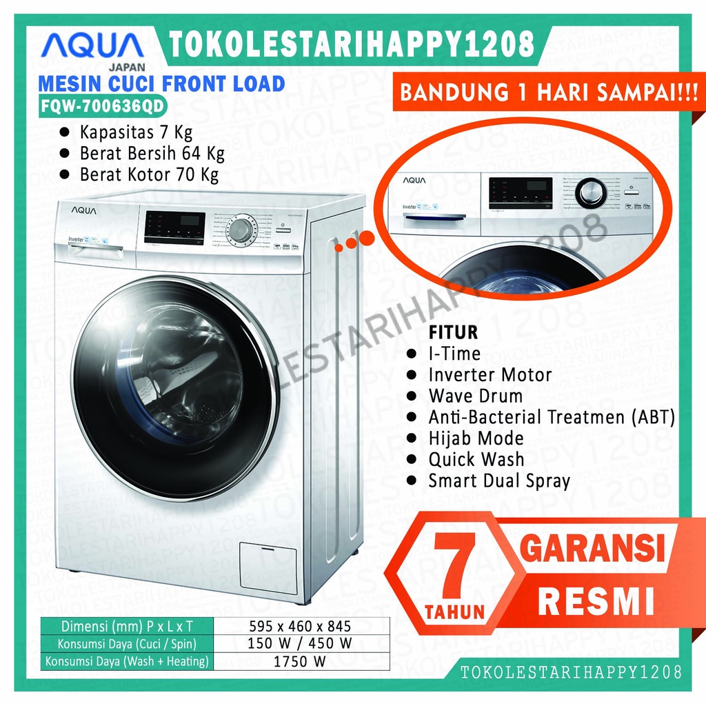 MESIN CUCI AQUA 1 TABUNG 7 KG FRONT LOAD FQW-700636QD FQW 700636 QD INVERTER GARANSI RESMI