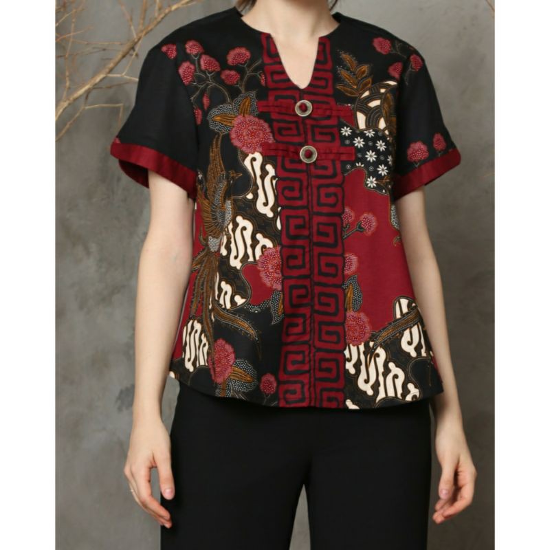 Atasan Blouse Batik Wanita Lengan Pendek Bahan Katun Stretch, 208 AAN / 208 SMP#-6