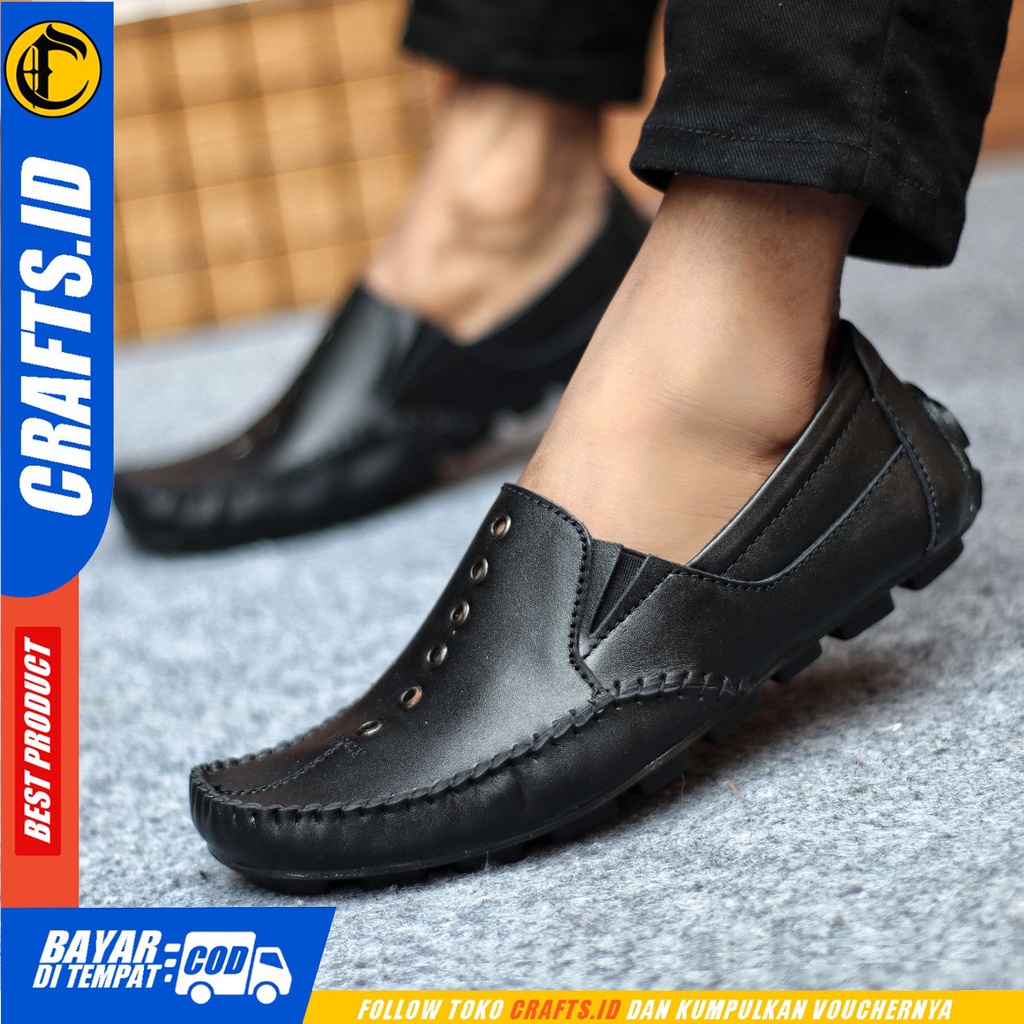 Sepatu Slip On Pria Sepatu Casual Pria Kulit Asli Kerja Kantor Kuliah Kondangan Sepatu Slop Pria Sepatu Hitam Pria CRAFTS MIDRING