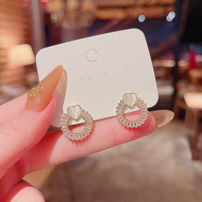 Anting Stud Zircon Bentuk Lingkaran Hati Bahan S925 Silver Needle