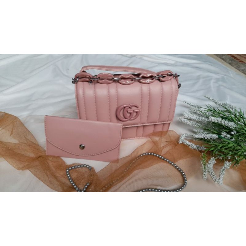 Tas Gucci Pink Cantik Elegan Gratis Bonus Dompet Kecil