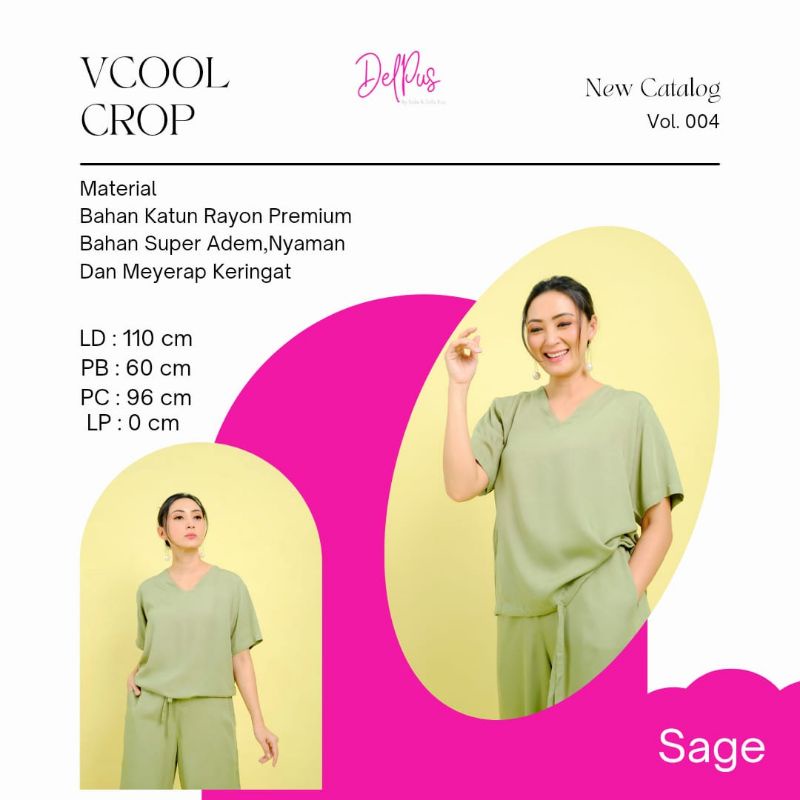 DELPUS Oneset Vcool Crop by Della Puspita Setelan Setcel One Set Pakaian Baju Tidur Wanita BAHAN RAYON PREMIUM ADEM-DELPUS SAGE