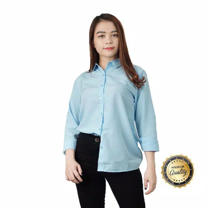 Kemeja wanita Putih Baju Kemeja Wanita Casual Hem Polos Cewek Kerja Kantoran Kuliah Kekinian Terbaru-Biru muda