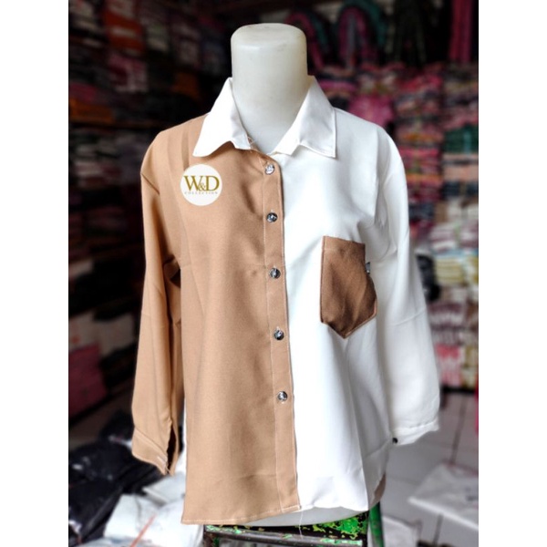 Kemeja Wanita Polos Casual Blouse Basic Kombinasi Warna Lengan Panjang Kekinian  Moscrepe-Moca Kombi 84