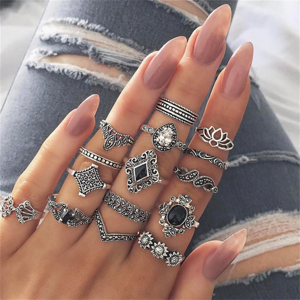 Nanas 15PCS/Set Cincin Set Fashion Boho Vintage Perak Aksesoris Tangan