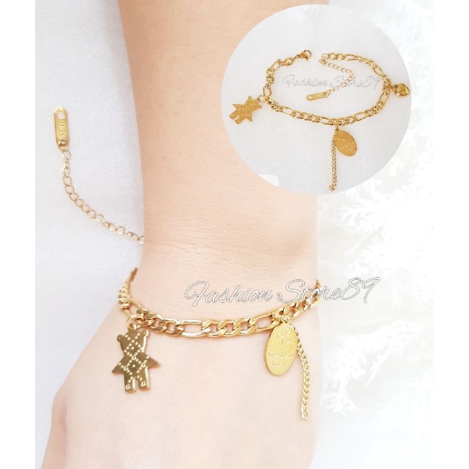 Gelang Tangan Rantai motif Bear Love Titanium Gold Antikarat Fashion Dewasa