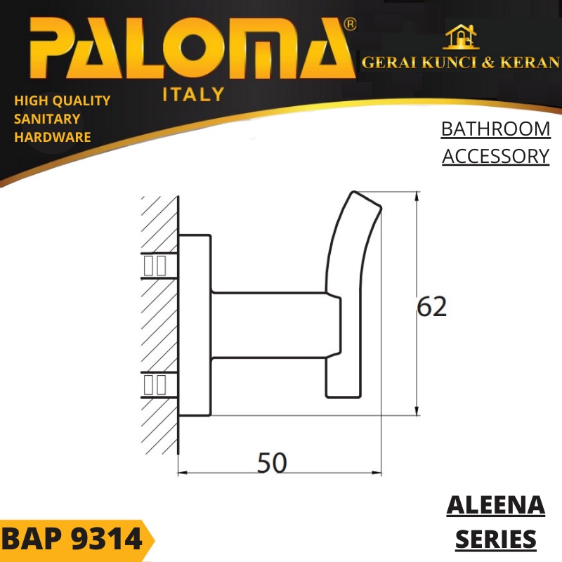 PALOMA BAP 9314 Kapstok Gantungan Baju Handuk Rak Hanger Mandi 1 Kait HITAM BLACK MATTE