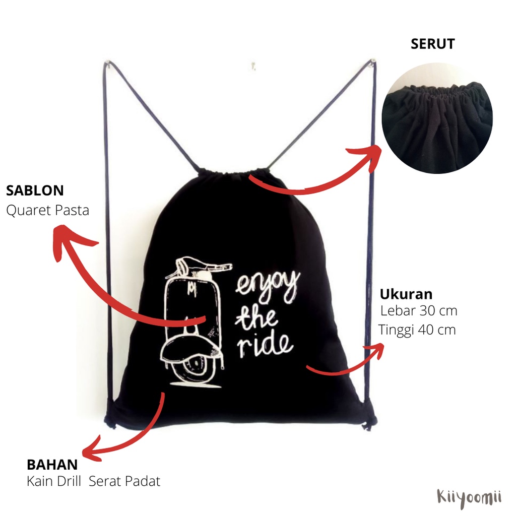 STRINGBAG tas ransel serut ENJOY THE RIDE VESPA (BISA BAYAR DI TEMPAT) bahan drill halus premium