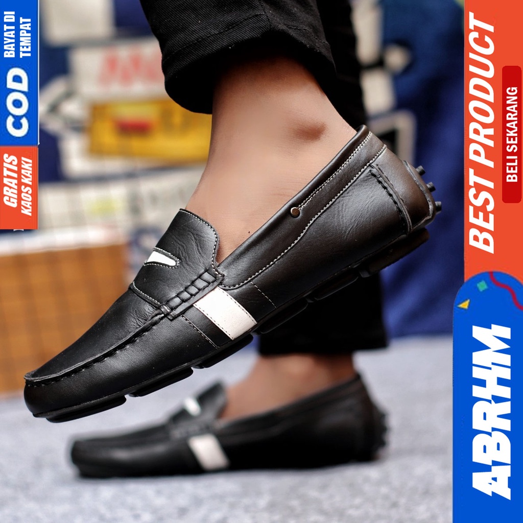 Sepatu Casual Pria Slip On Slop Selop Pansus Santai Kulit Asli Kerja Kantor Kulit Kondangan Hitam Polos Fashion shoes Terbaru Original Murah Kekinian Cowok VELAS ABRHM