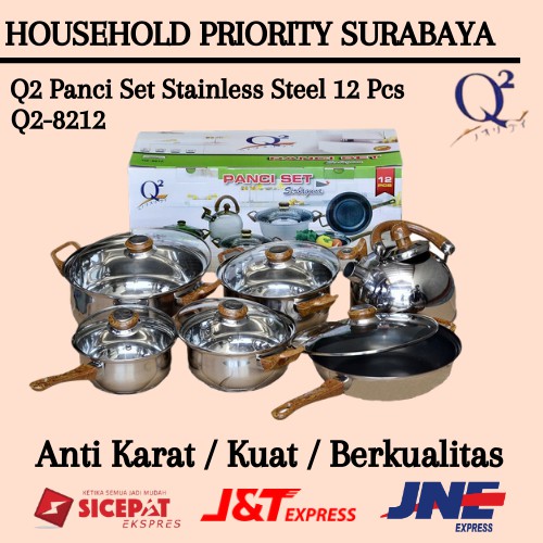 Panci Set Stainless Steel 12 Pcs Dengan Teko Stainless Q2-8212 Q2 8212