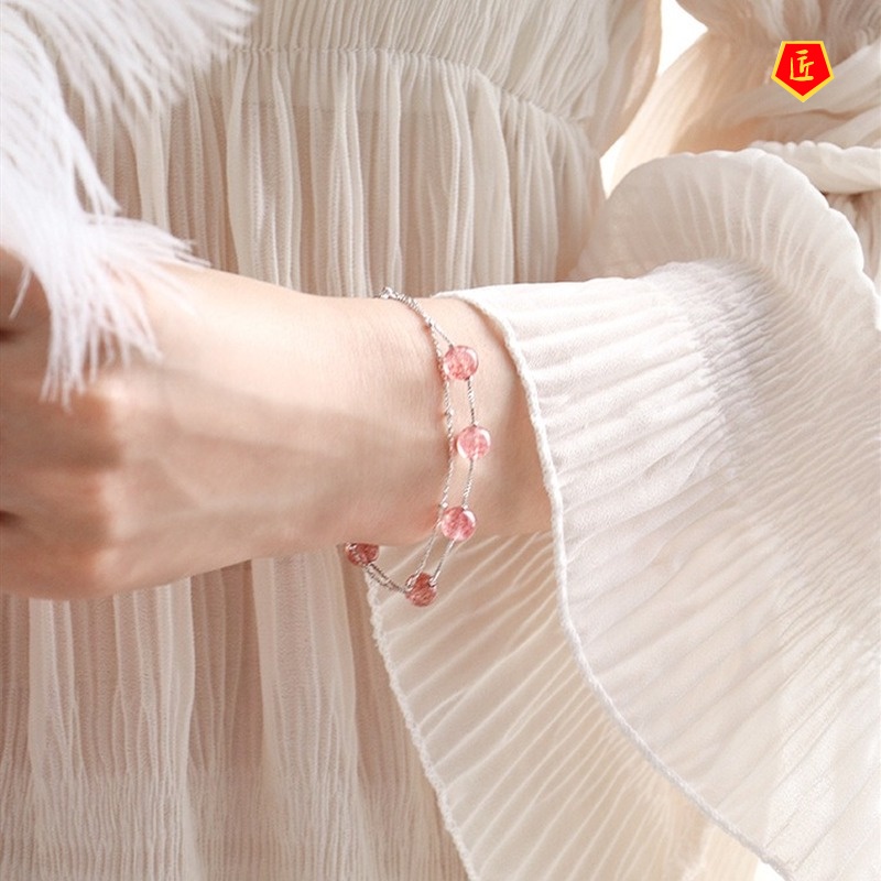 [Ready Stock]Double Layer Strawberry Quartz Silver Bracelet Female