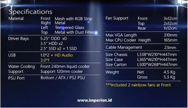 CASING GAMING IMPERION KINETIC 351 BONUS 2 FAN LED RAINBOW