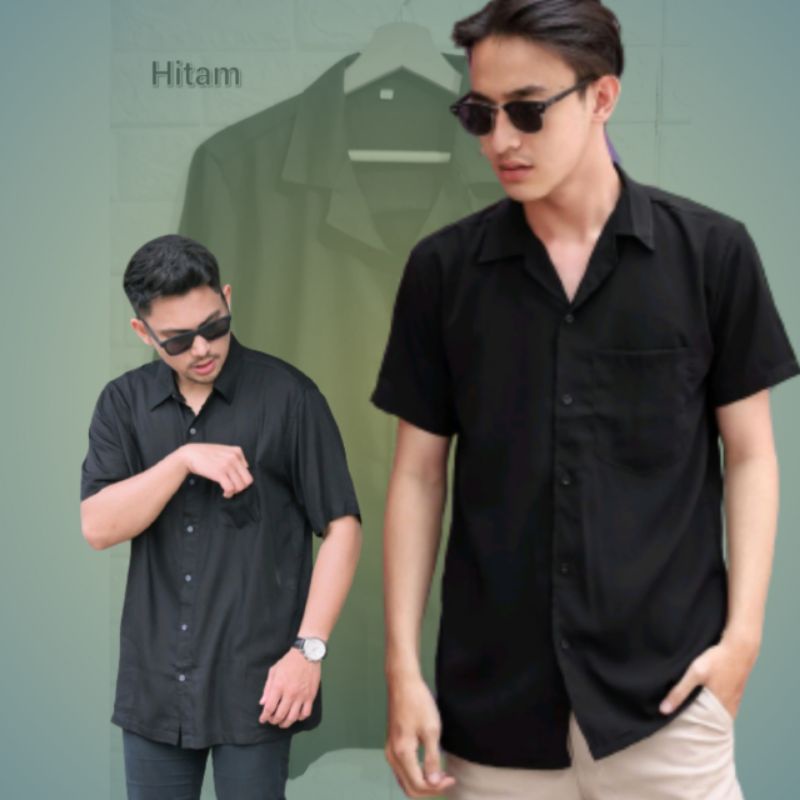 OVERSIZE SHIRT POLOS KEMEJA PRIA LENGAN PENDEK COLOR BLACK  BAHAN KATUN RAYON WARNA HITAM STYLE KORE