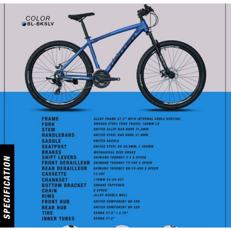 Sepeda gunung MTB UNITED ELBRUZ 27.5 inch alloy 21 sp shimano