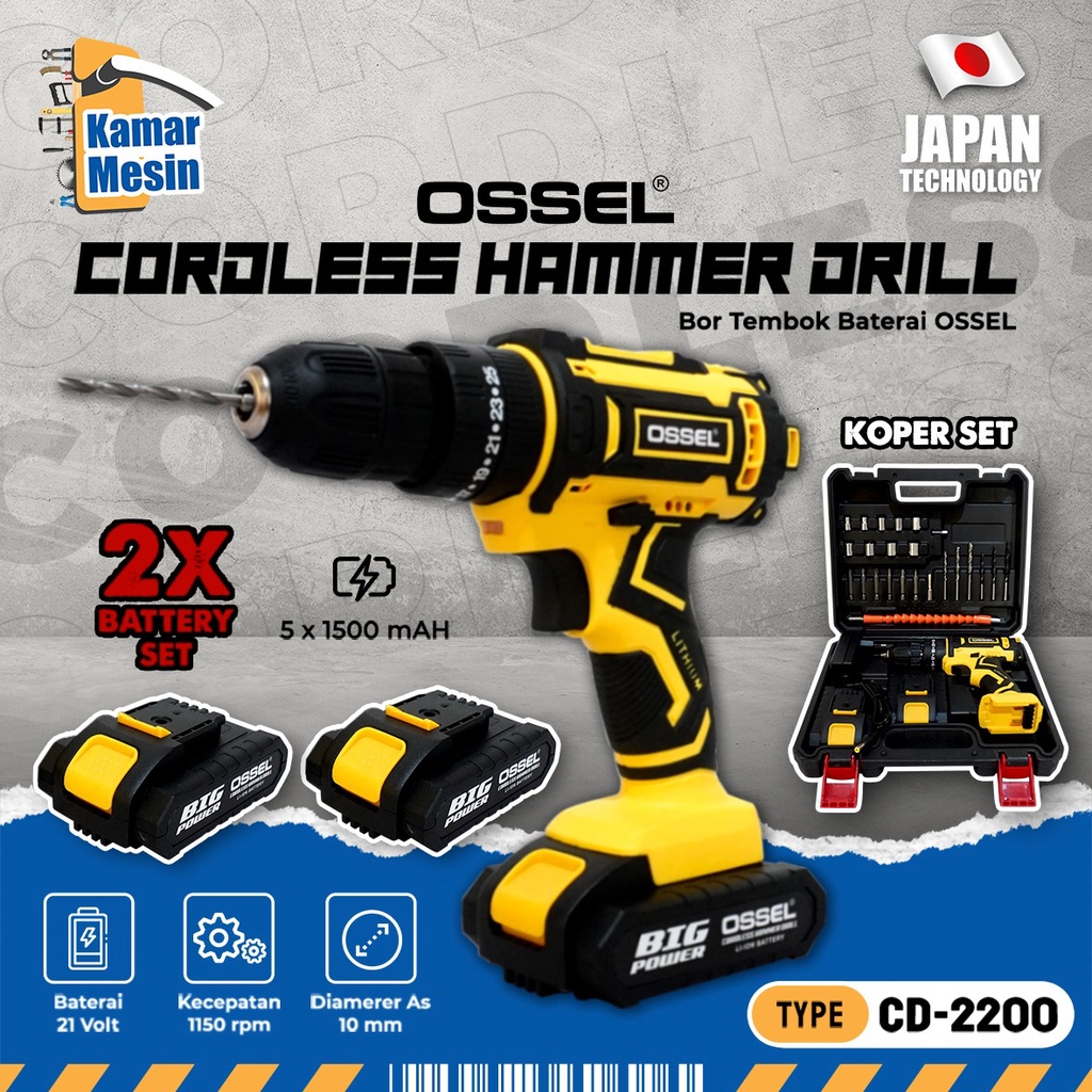 OSSEL Cordless Hammer Drill Bor Tembok Baterai Charger Double Baterai CD2200