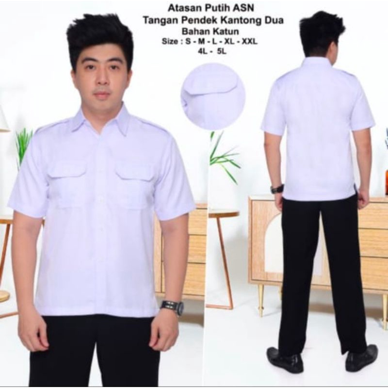 SERAGAM ASN PRIA K-2 PUTIH HITAM / ATASAN PUTIH KANTONG 2 TNG PENDEK BAHAN KATUN