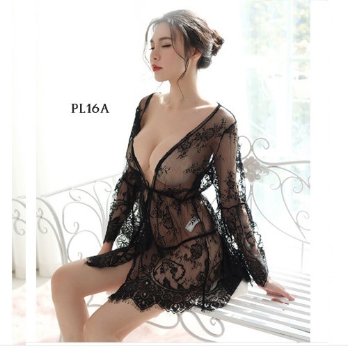 [PRODUK TERLARIS] BAJU TIDUR KIMONO SEKSI LINGERIE SLEEP WEAR PREMIUM LACE HITAM PL16A