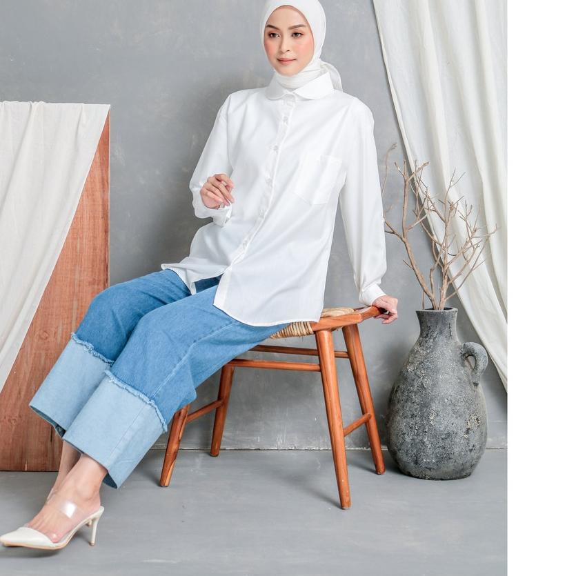 ☼ EVONNE Button Plain Shirt White Basic Oversize Pattern LD120 E05-04 ✤