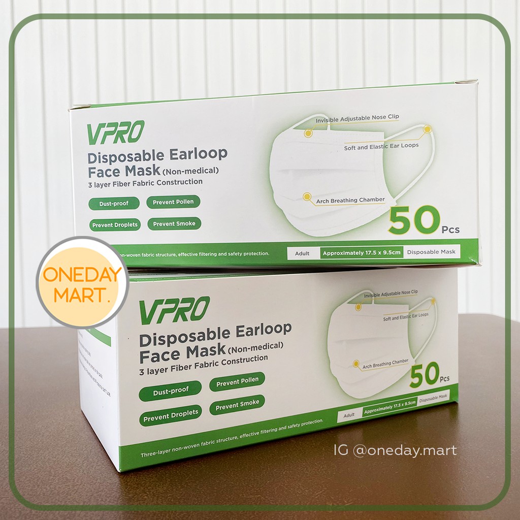 MASKER VPRO 3PLY DISPOSABLE EARLOOP FACE MASK ISI 50 PCS IJIN BNPB