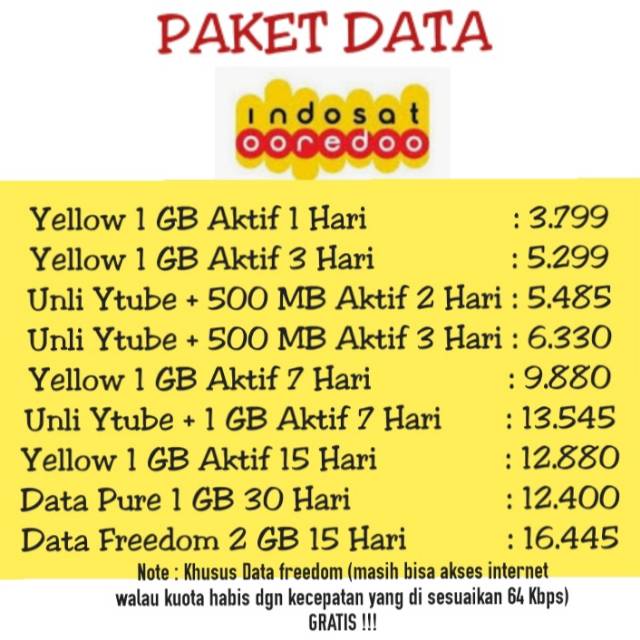 Paket Data Indosat Yellow 1gb 7 Hari Yellow 1gb 15 Hari 1gb Unl Youtube 7 Hari 500mb Unl 3 Hari Shopee Indonesia