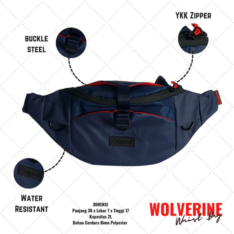 tas selempang pria qowi waistbag wolverine water resistant blue