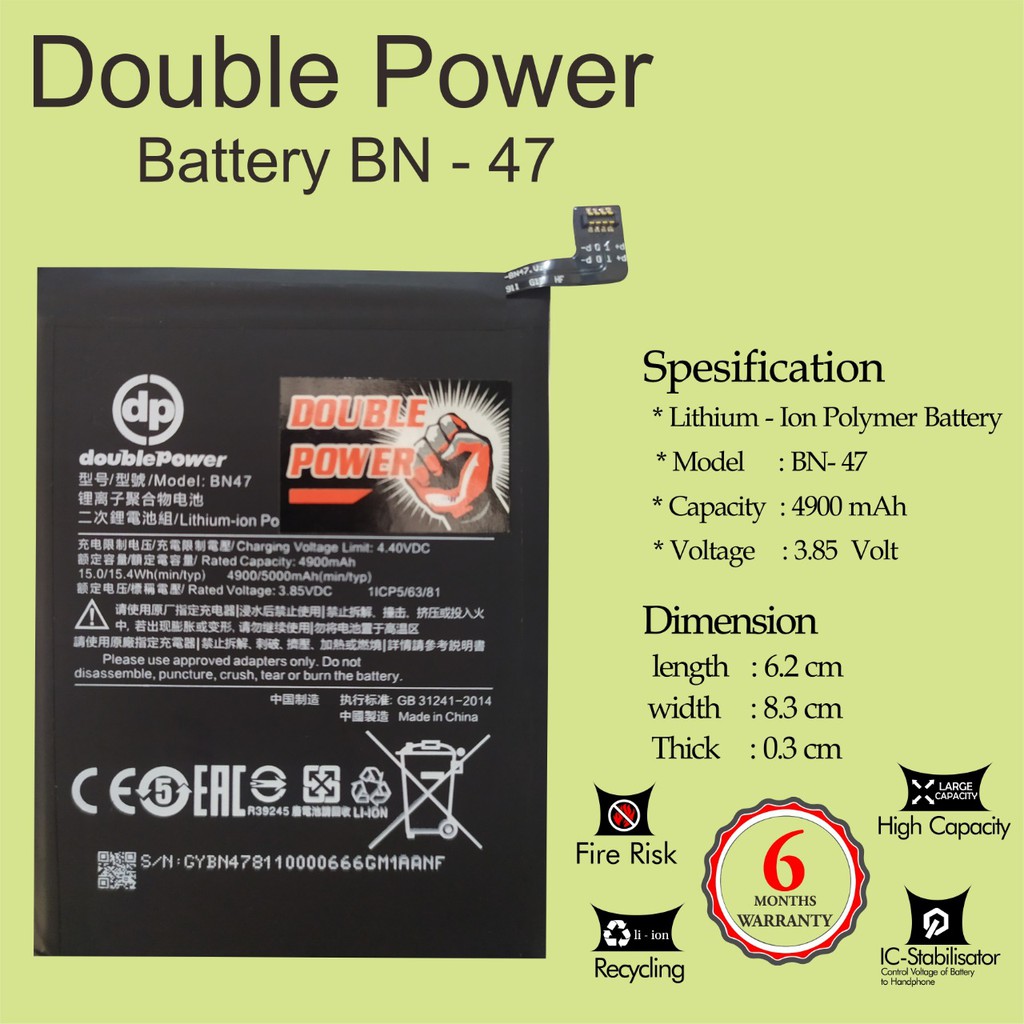 Battery Double Power Baterai REDMI 6 PRO / MI A2 LITE BN47 4900mah