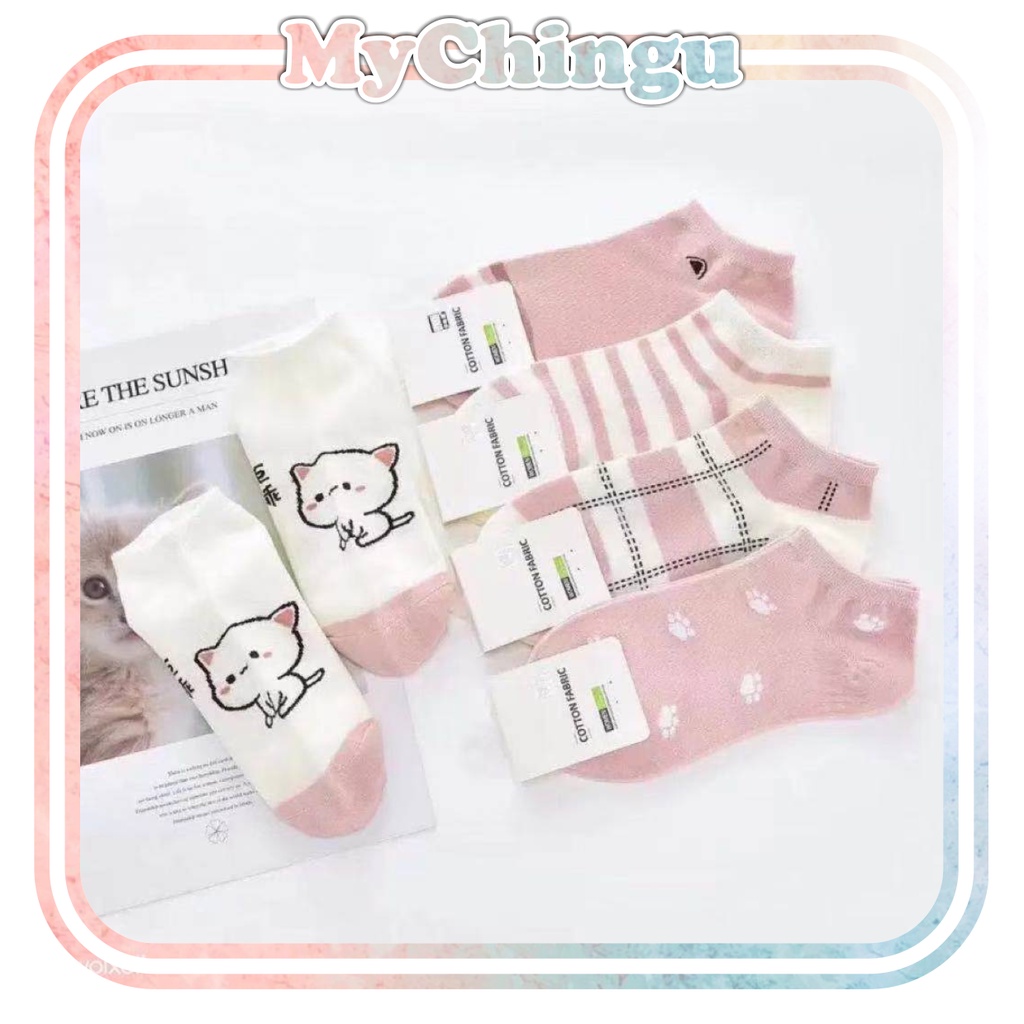 ❀ Chingu ❀ KK023 Kaos Kaki (Tanpa Kemasan) Wanita Tipis Pendek Semata Kaki Motif Pink Cat Kucing Meow Fashion Korea Women Sock Import Murah