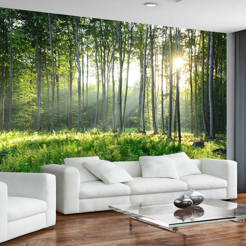 Best Seller Foto Kustom Wallpaper 3d Hutan Hijau Pemandangan Alam Besar Lukisan Dinding Ruang Tamu