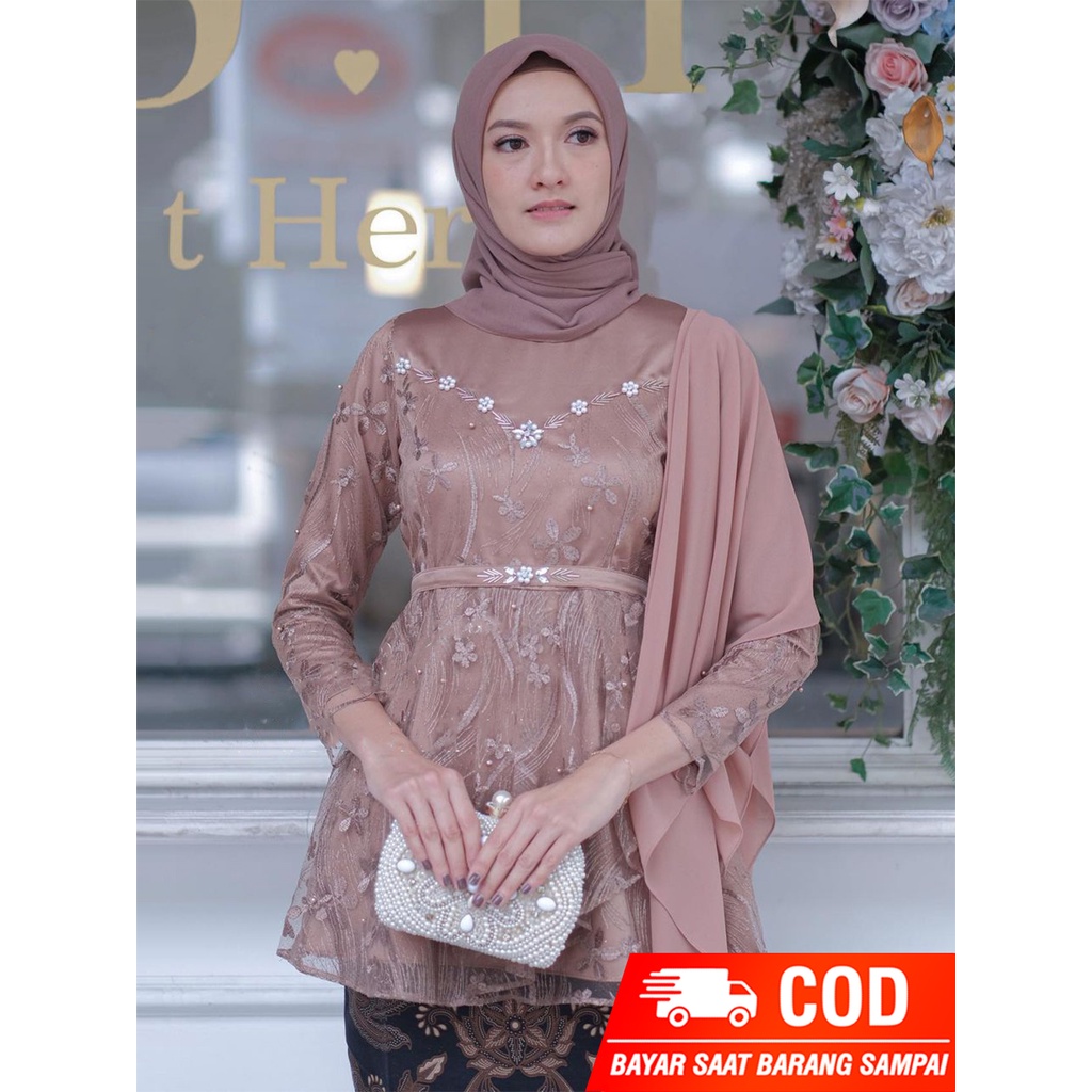 NEW ARRIVAL - Kebaya brukat tulle Premium / Set Couple Alyra Brown / Kebaya Wisuda modern /kebaya tulle Kombinasi Cerruty