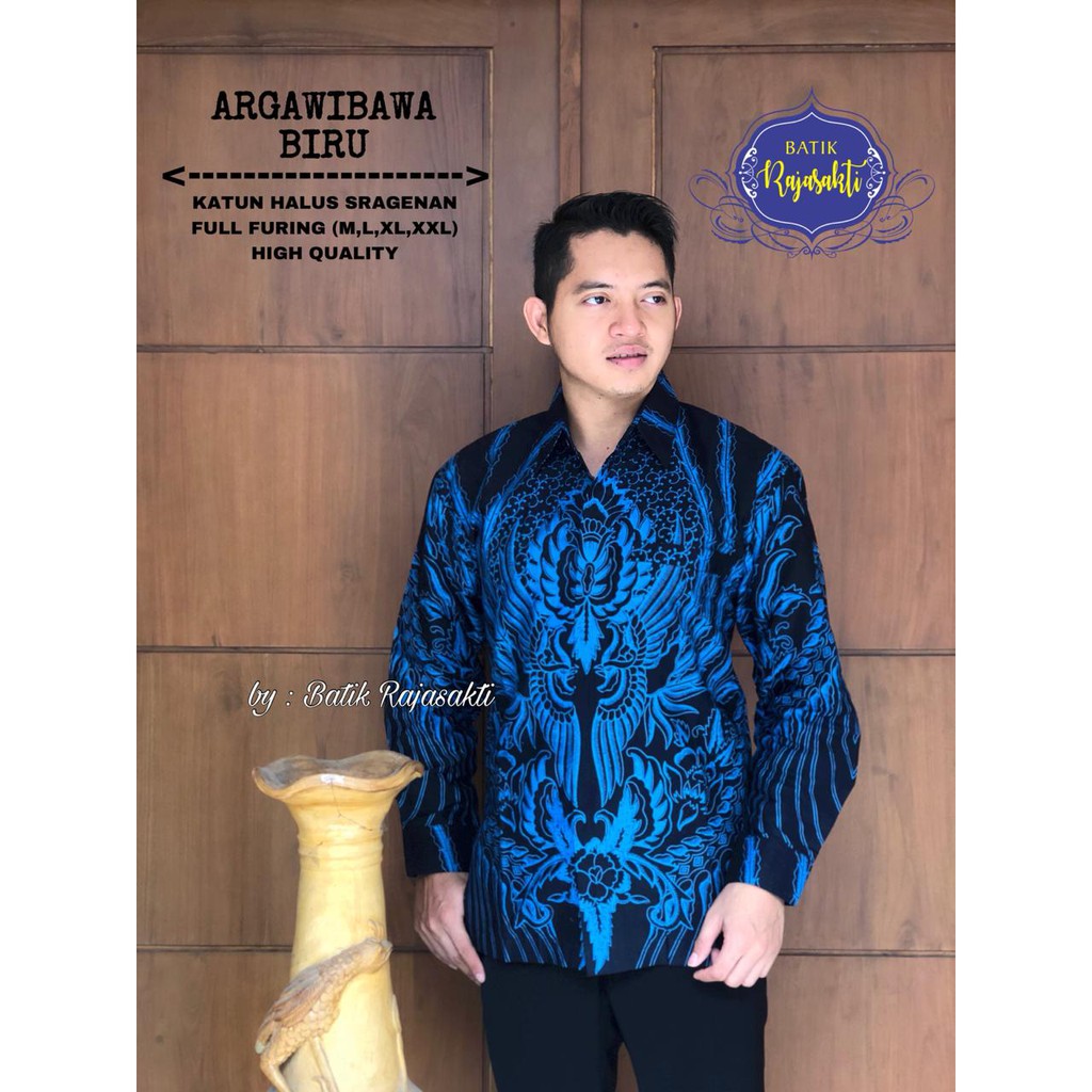 ARGAWIBAWA BIRU RAJASAKTI KEMEJA BATIK SOLO PRIA LENGAN PANJANG LAPIS FURING ATASAN BATIK PREMIUM MODERN KATUN HALUS BAHUWIRYA  BANAMITRA BANAMITRA PUTIH BANGSAWAN BAYU PUTRA BERLIAN BIRU BHARATAYUDA BIMASENA BIRENDRA BIRU INDAH BRAHMAKERTA FLORIST SM KLA