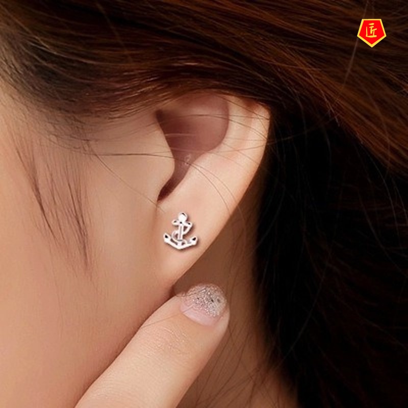 [Ready Stock]Boat Anchor Style Silver Stud Earrings Cute Fashion