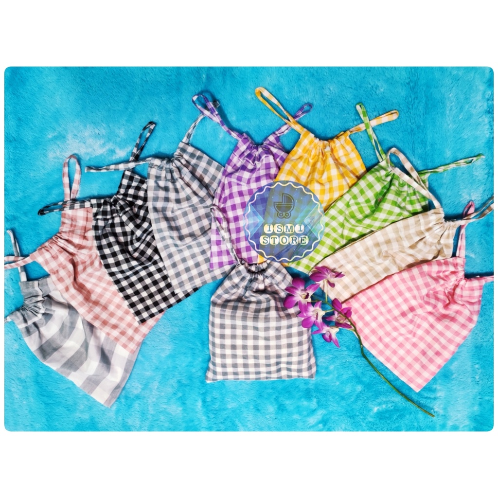 Tas Serut / Pouch Serut Unik Motif Kotak-Kotak Gingham Lucu Gaya Korea Bahan Katun Ukuran Besar dan Kecil by Ismi Store