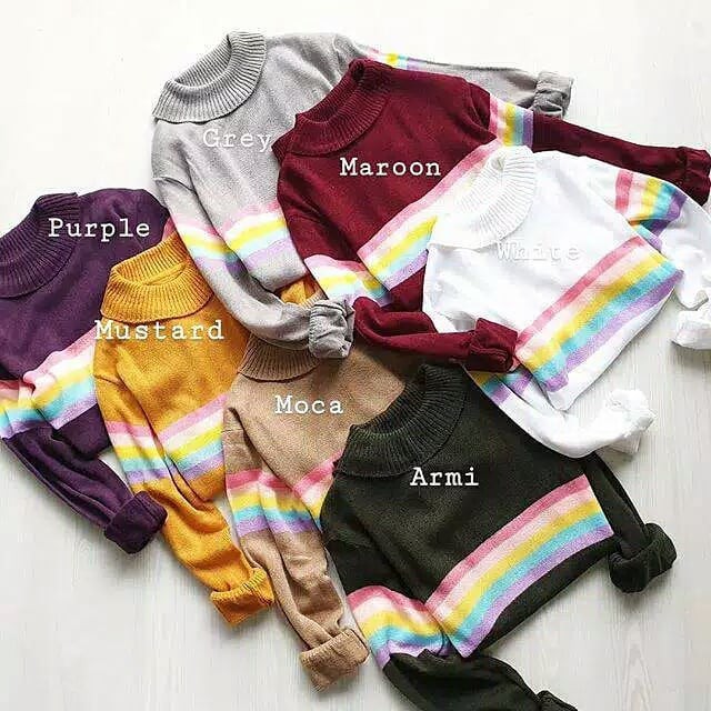 Sweater Rajut TurtleNeck RainBow Wanita - Atasan Rajut pelangi