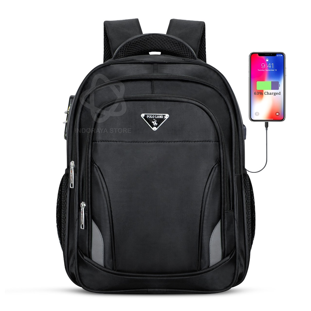 POLO GLAD Tas Ransel Sekolah 16 inc Original Backpack Pria Wanita Key Lock FREE USB Port Tas Laptop Ransel Import-Oriblack A